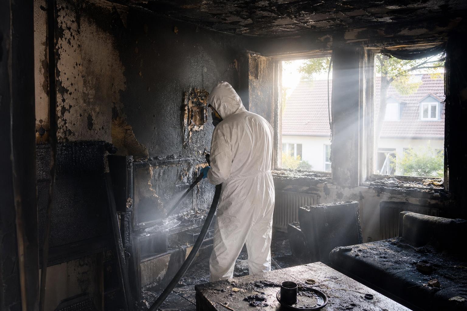 Brandschadensanierung: Techniker in Schutzanzug reinigt Brandraum