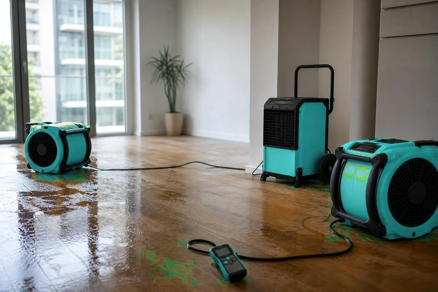 Industrielle Trocknungsgeräte auf nassem Parkett